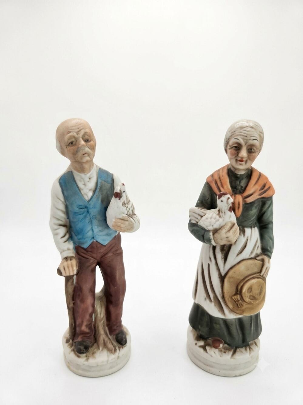 Vintage Ceramic Elderly Farm Couple Figurines with Chickens - Set of 2